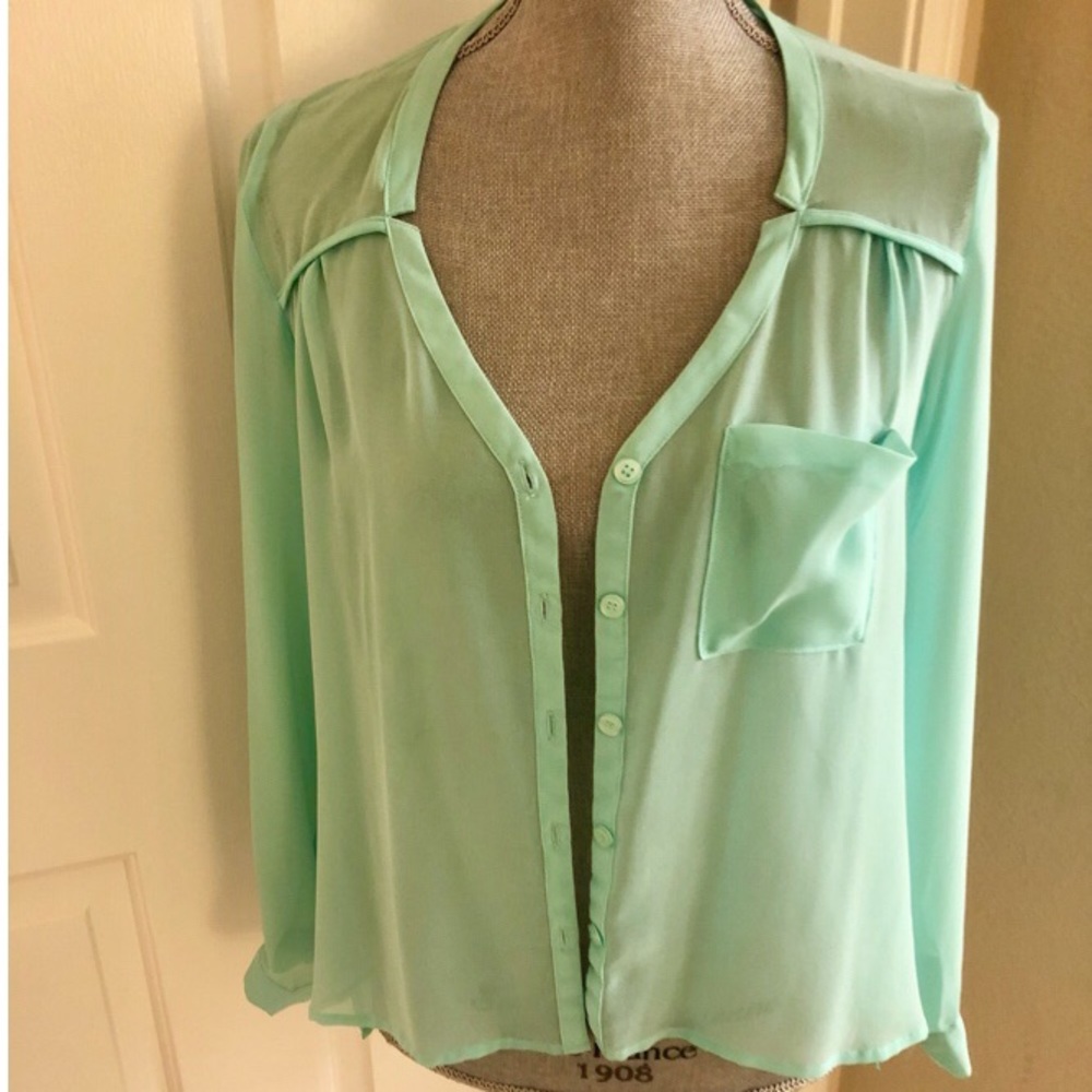 Sheer light mint button down blouse